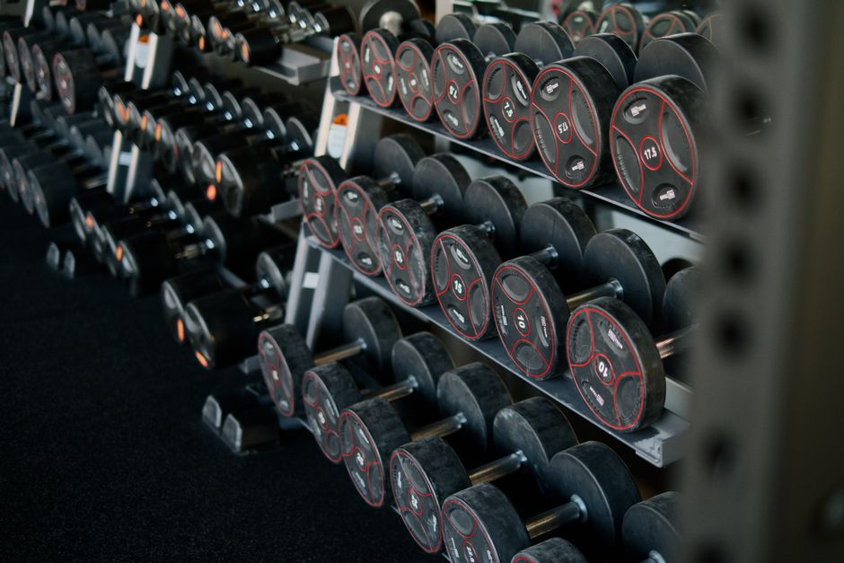 A neatly arranged set of dumbbells on a rack in a modern gym, ideal for fitness enthusiasts.